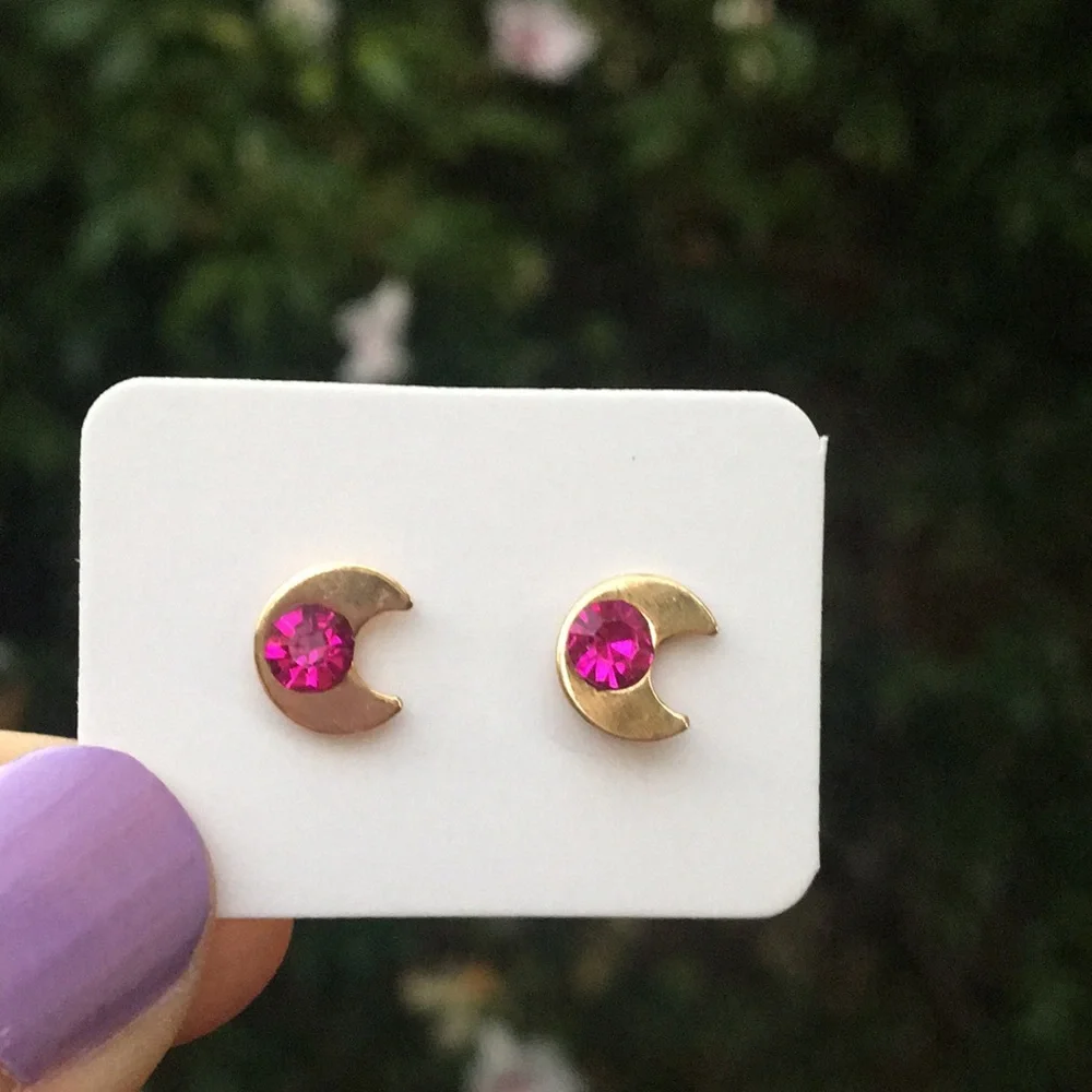 Fuchsia Pink + Gold Crystal Moon Boho Earrings